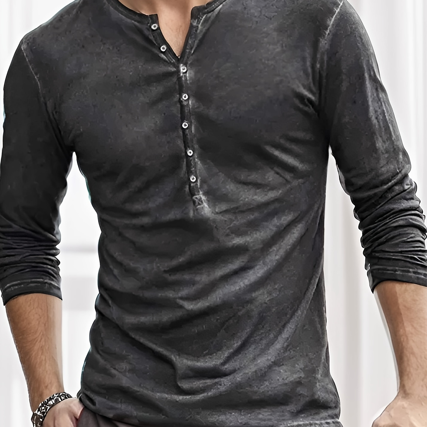 

Men's Trendy Solid Long Sleeve Crew Neck Button Up Henley Shirt, Comfy Tops For