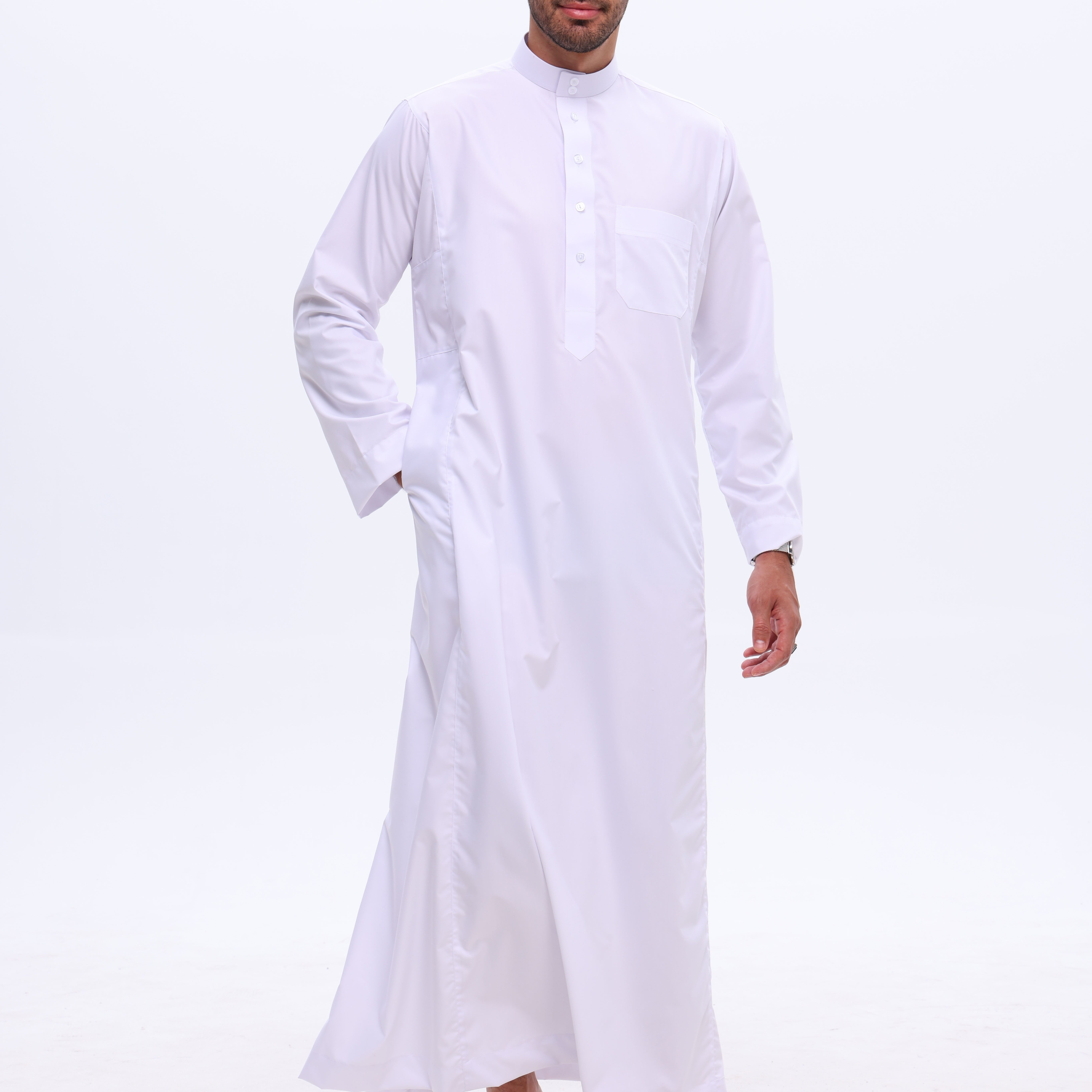 

Men' Thobe - Solid Color, Long Sleeve, Stand Collar, Polyester, Non-stretch Fabric, Button Detail, Loose