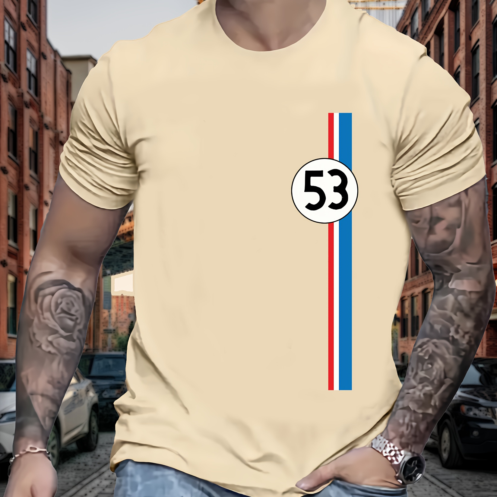 

Men's No. 53 Retro Car Graphic Printed T-shirt, Men's Summer Casual Fashion Tops, Retro Nostalgic T-shirt, Men's Clothing.