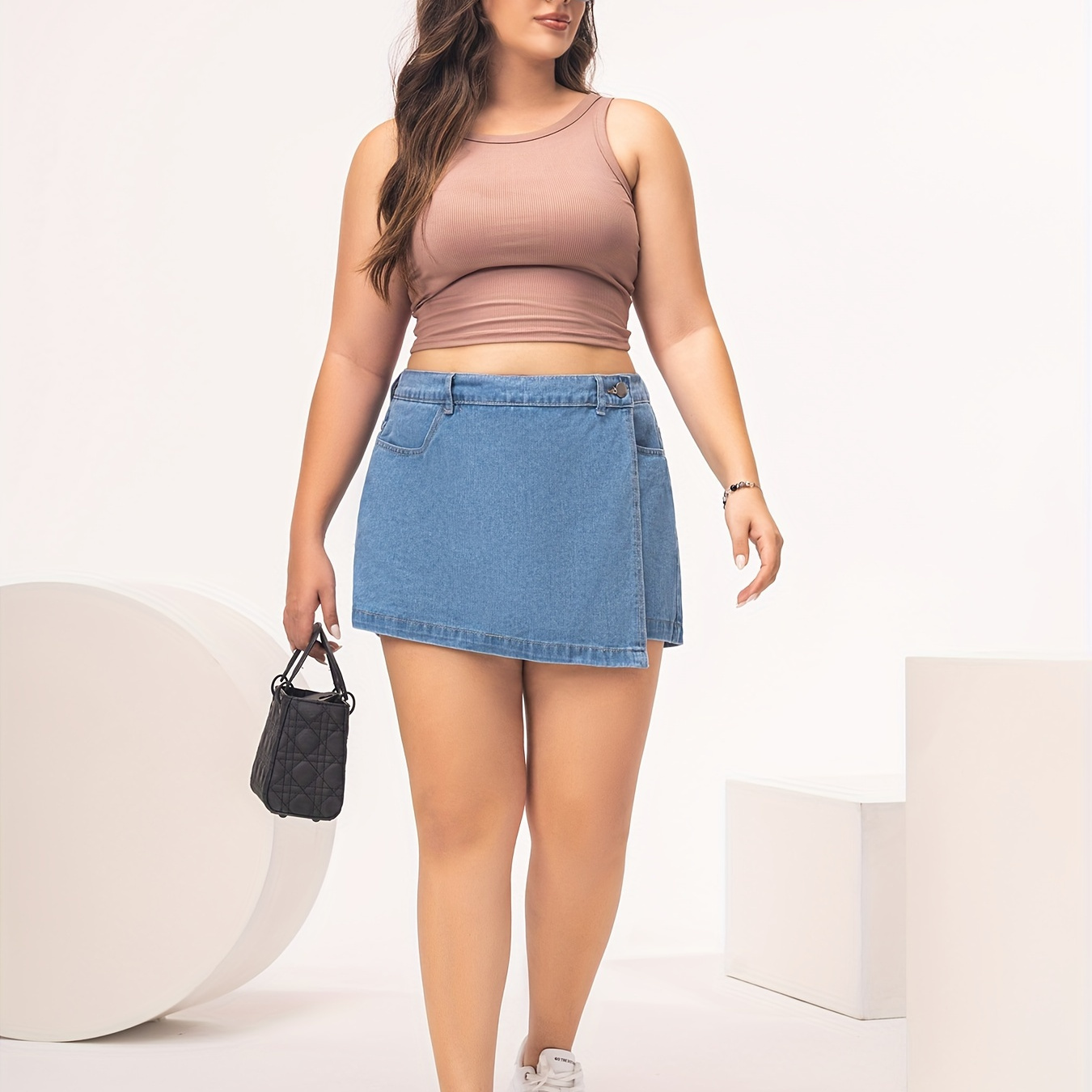 

High-waisted Plus Size Versatile A-line Asymmetrical Denim Skort, Casual Style, With Shorts – Light Blue Jean Skirt For Women
