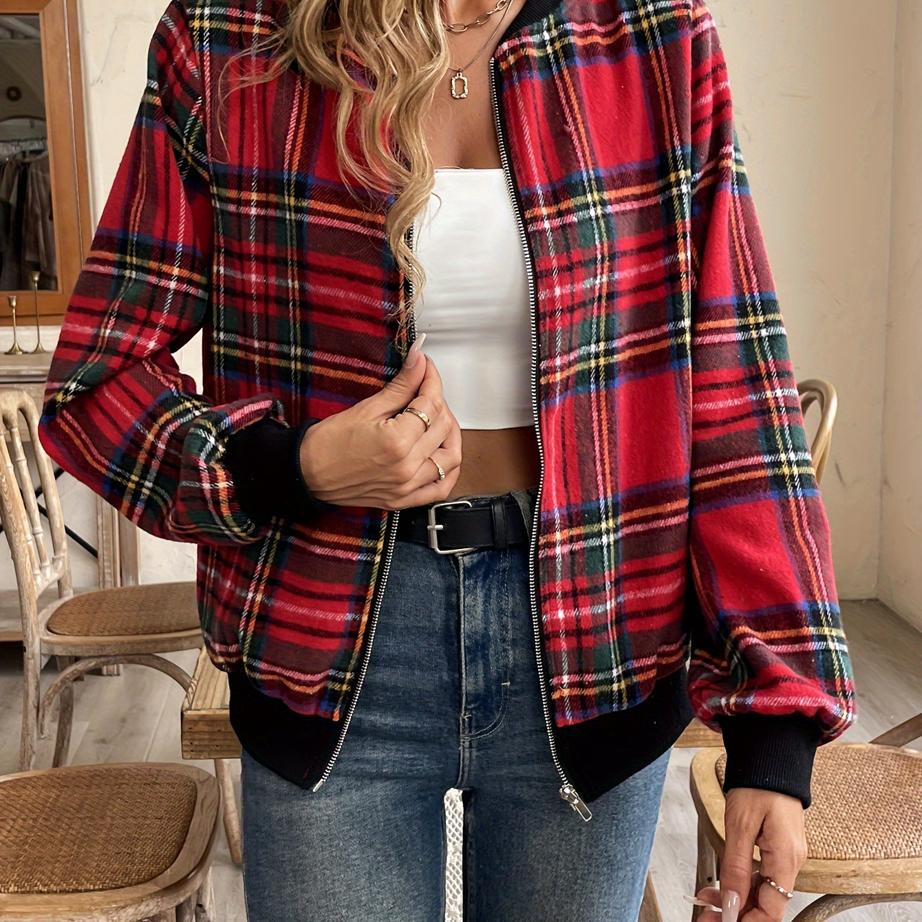 

Elegant Women's Baseball Jacket - Casual Zip-up Outerwear With Long Sleeves, Machine Washable