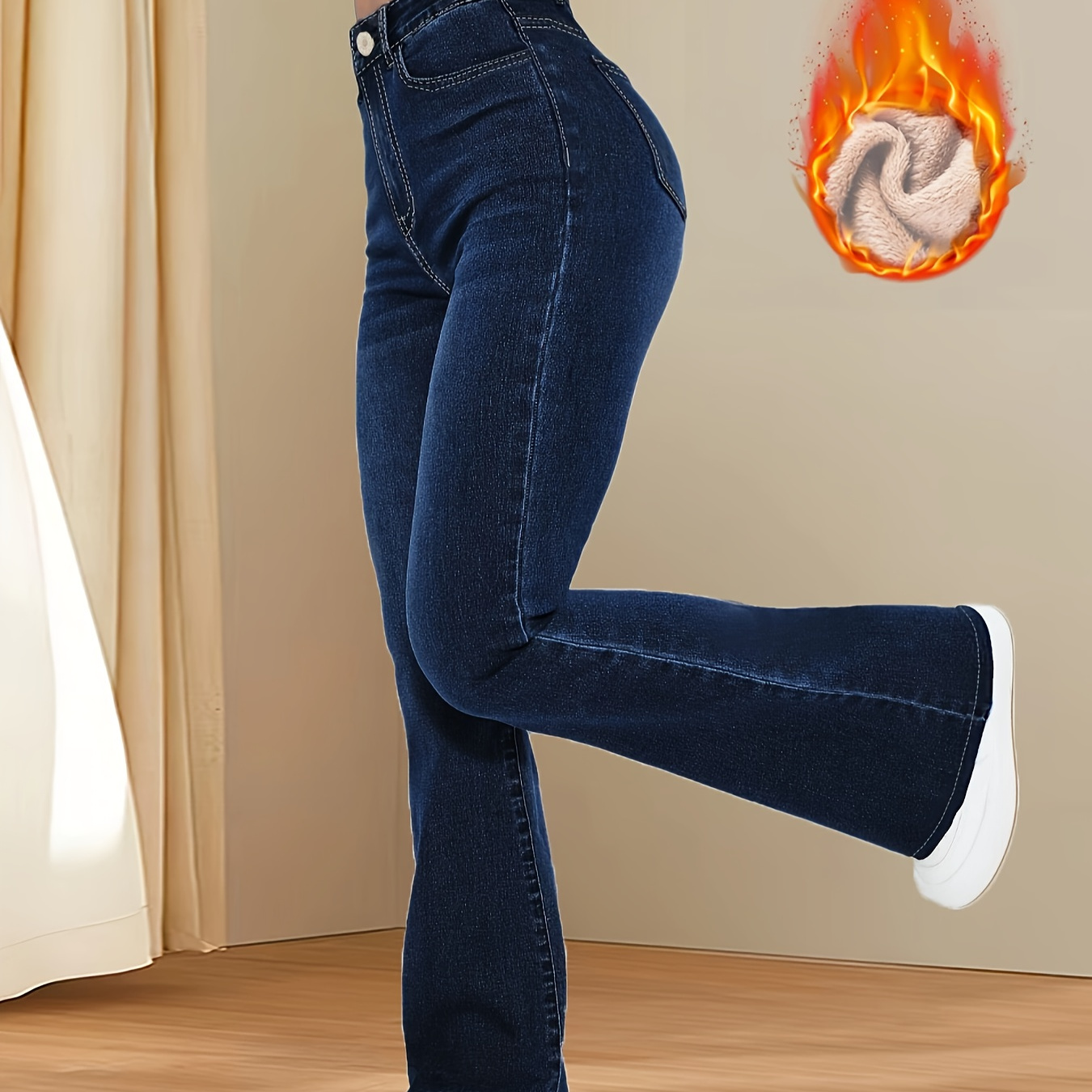 

Jean en denim bleu délavé à jambes évasées, doublé en peluche, style décontracté, fermeture à glissière et à boutons, pour l'hiver, pour femmes.