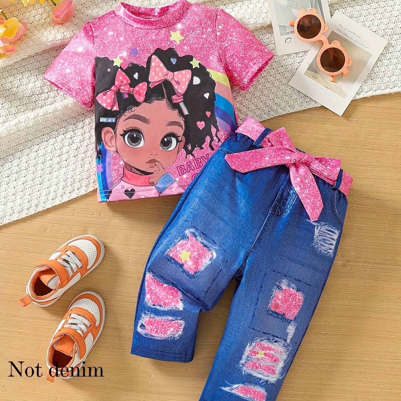 

2pcs Infant & Toddler's Cartoon Girl & Glitter Pattern Trendy Set, T-shirt & Imitation Denim Pattern Pants, Baby Girl's Clothes