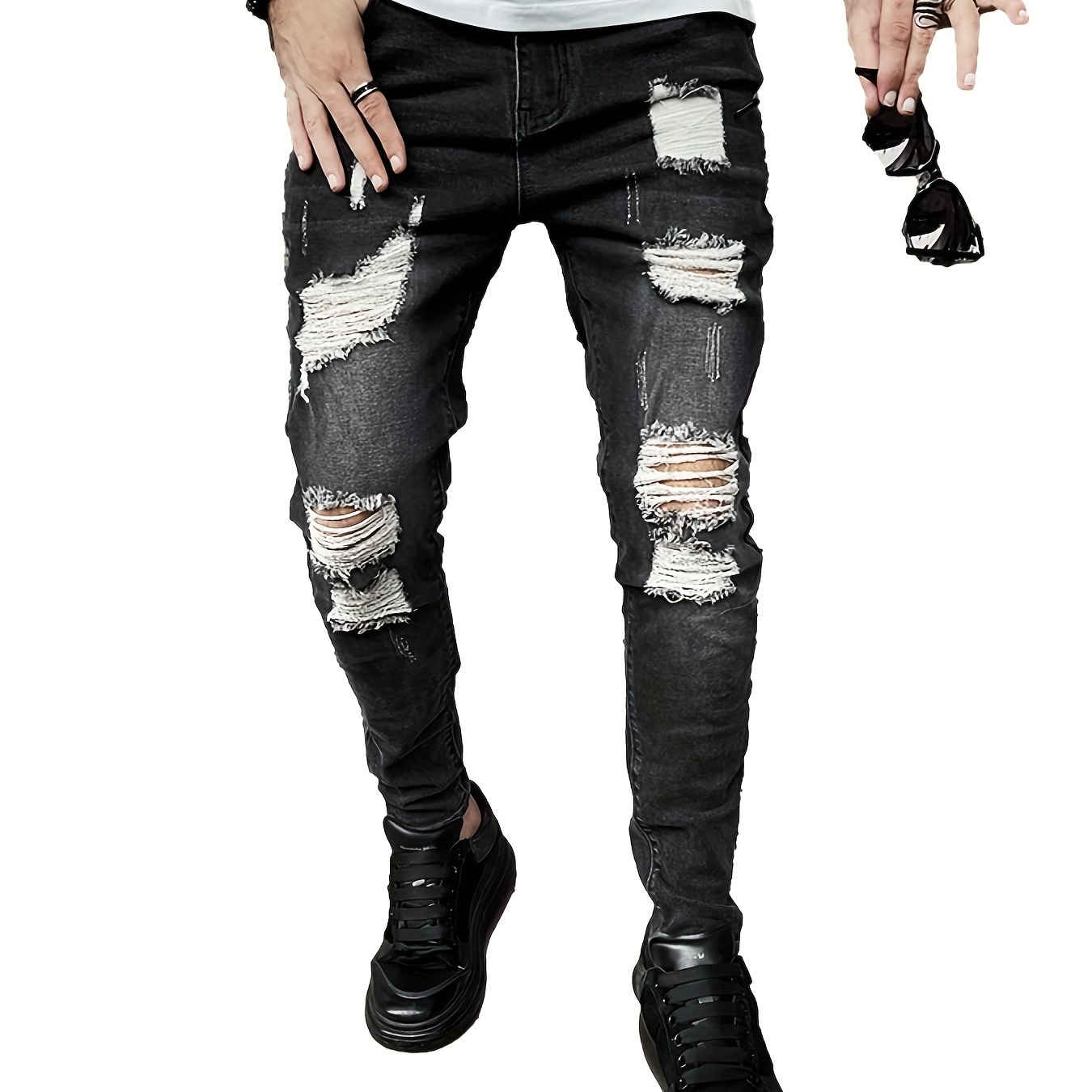 

Stylish Slim Fit Ripped Jeans, Men's Casual Street Style Distressed Slightly Stretch Denim Pants For Spring Summer