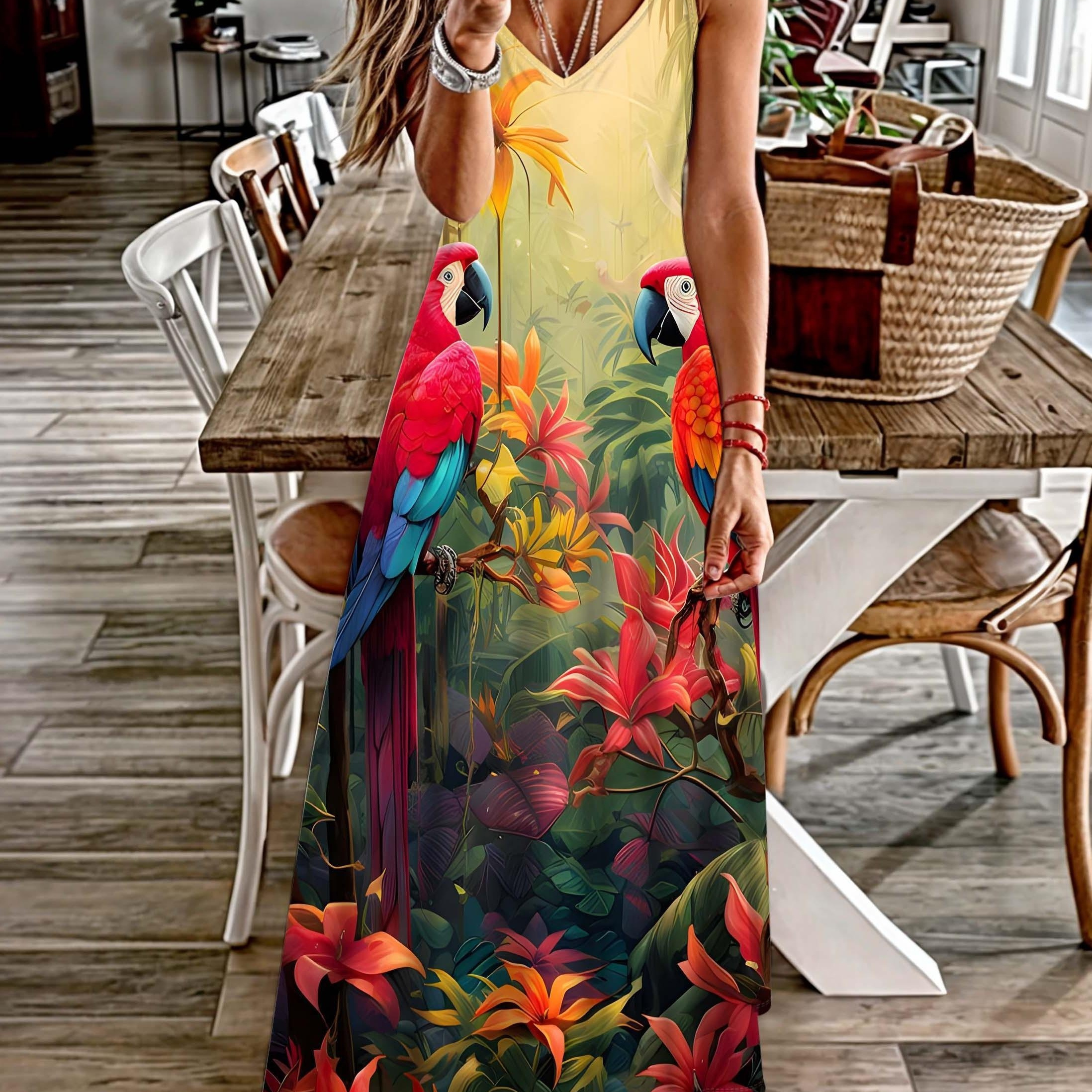 

Parrot Print Spaghetti Strap Dress, Casual V Neck Sleeveless Cami Dress For Summer, Women's Clothing