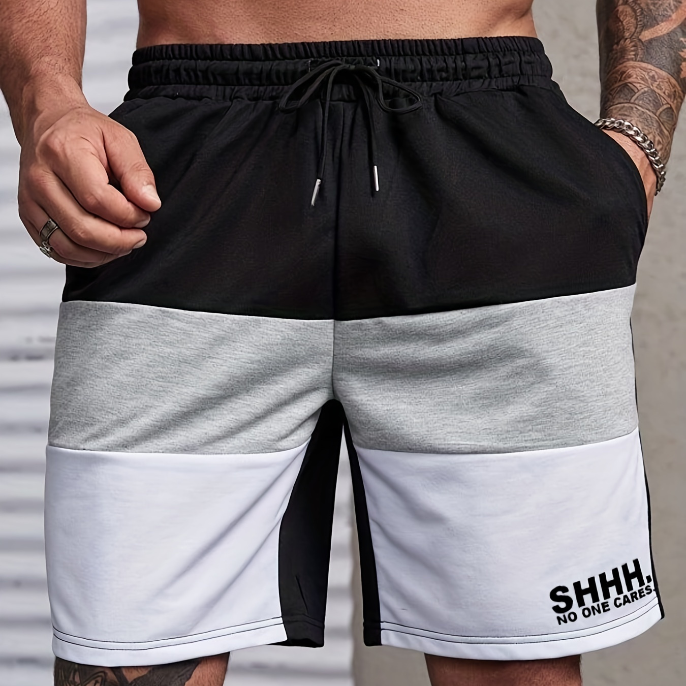 

Men's Casual "shhh" Graphic Elastic Drawstring Block Color Sports Short Pants, Oversized Shorts Plus Size