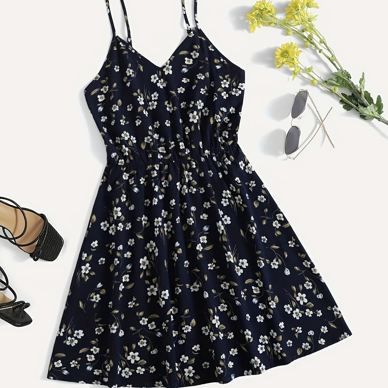 

Floral Print Backless Waist Cami Dress, Vacation Sleeveless V-neck Dress, Women's Clothing