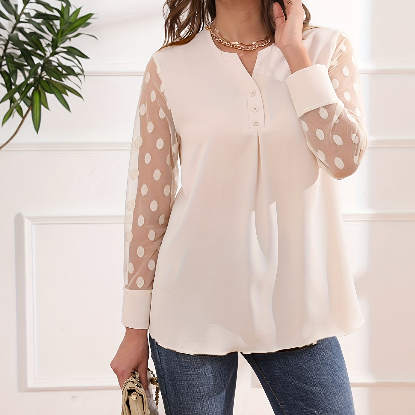 

Solid Button Front Blouse, Elegant Long Sleeve Notched Neck Top, Women's Clothing