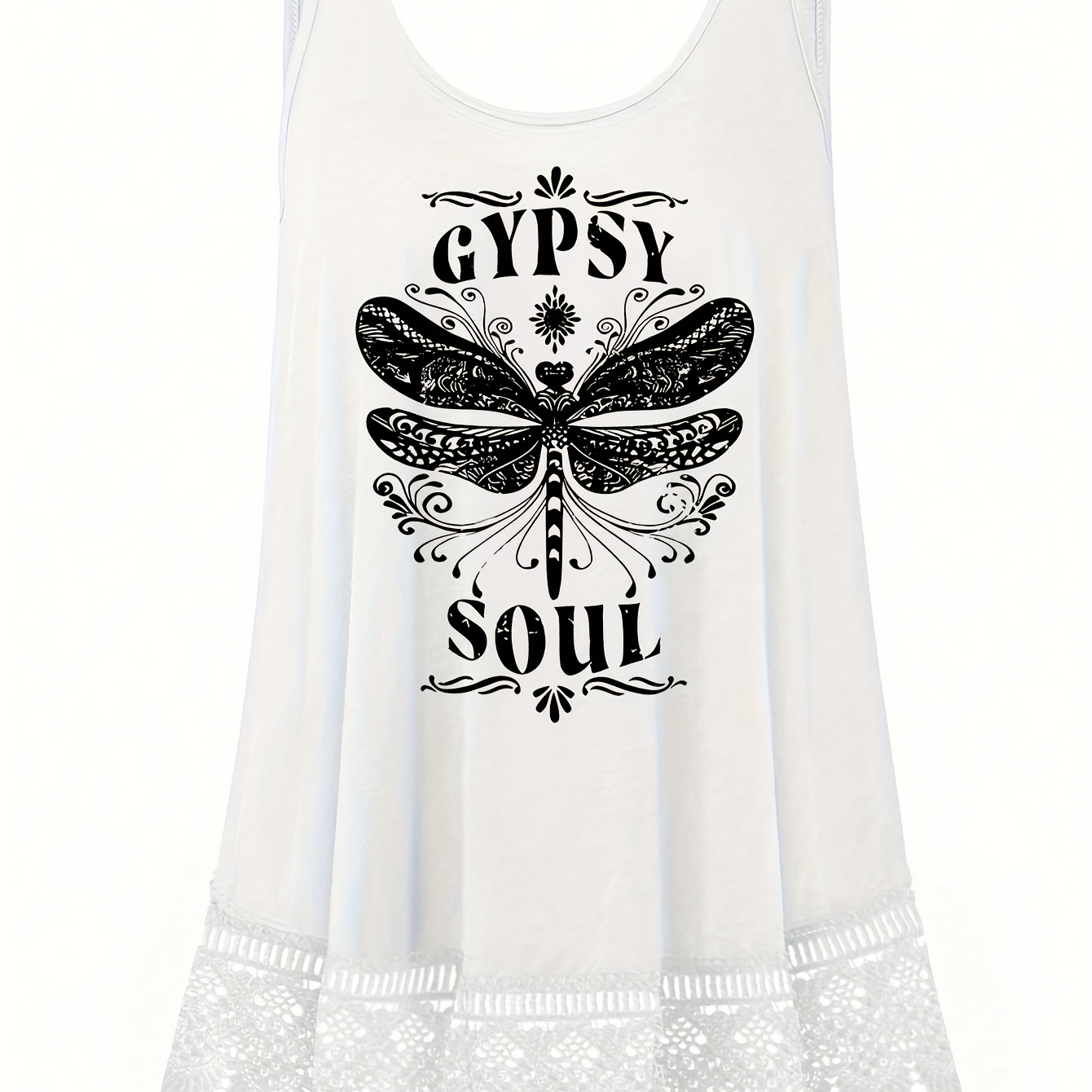 

Plus Size Dragonfly Print Tank Top, Casual Lace Stitching Crew Neck Sleeveless Tank Top For Summer, Women's Plus Size Clothing, Backless