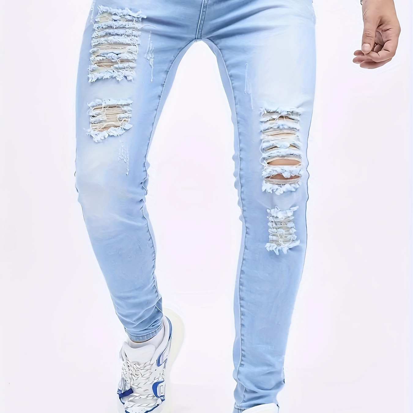 

Men's Solid Ripped Skinny Denim Pants, Fashion Casual Jeans For Male