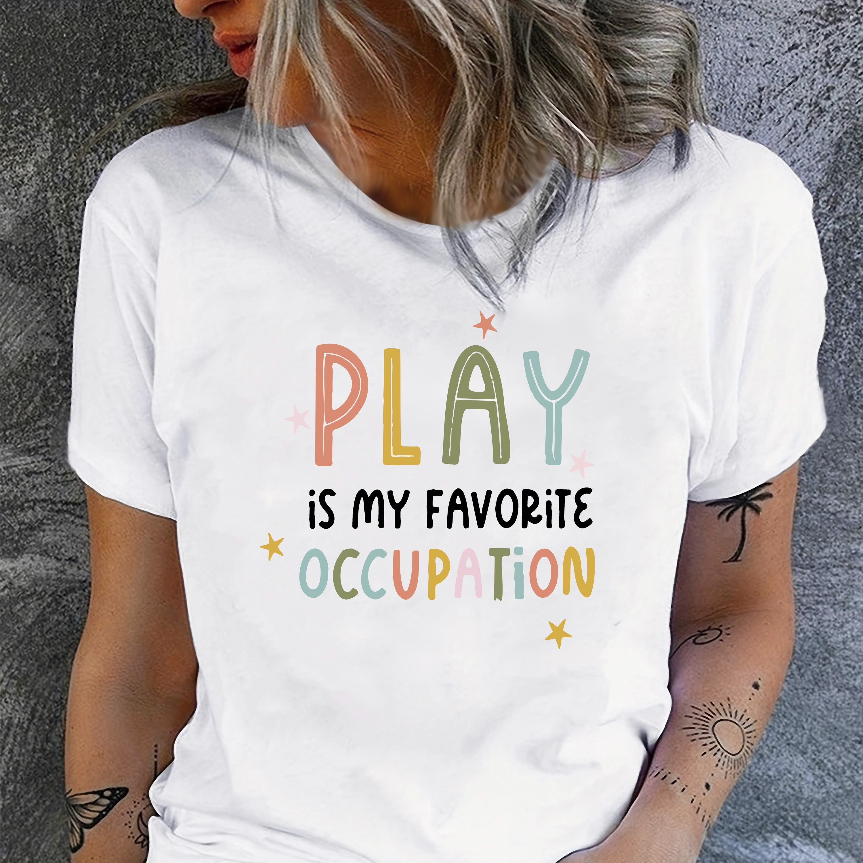 

1pc Women's Casual Crew Neck T-shirt With "play Is " Print, Polyester 95% Spandex 5% Knit Fabric, Short-sleeve Round Neck For Therapy Professionals