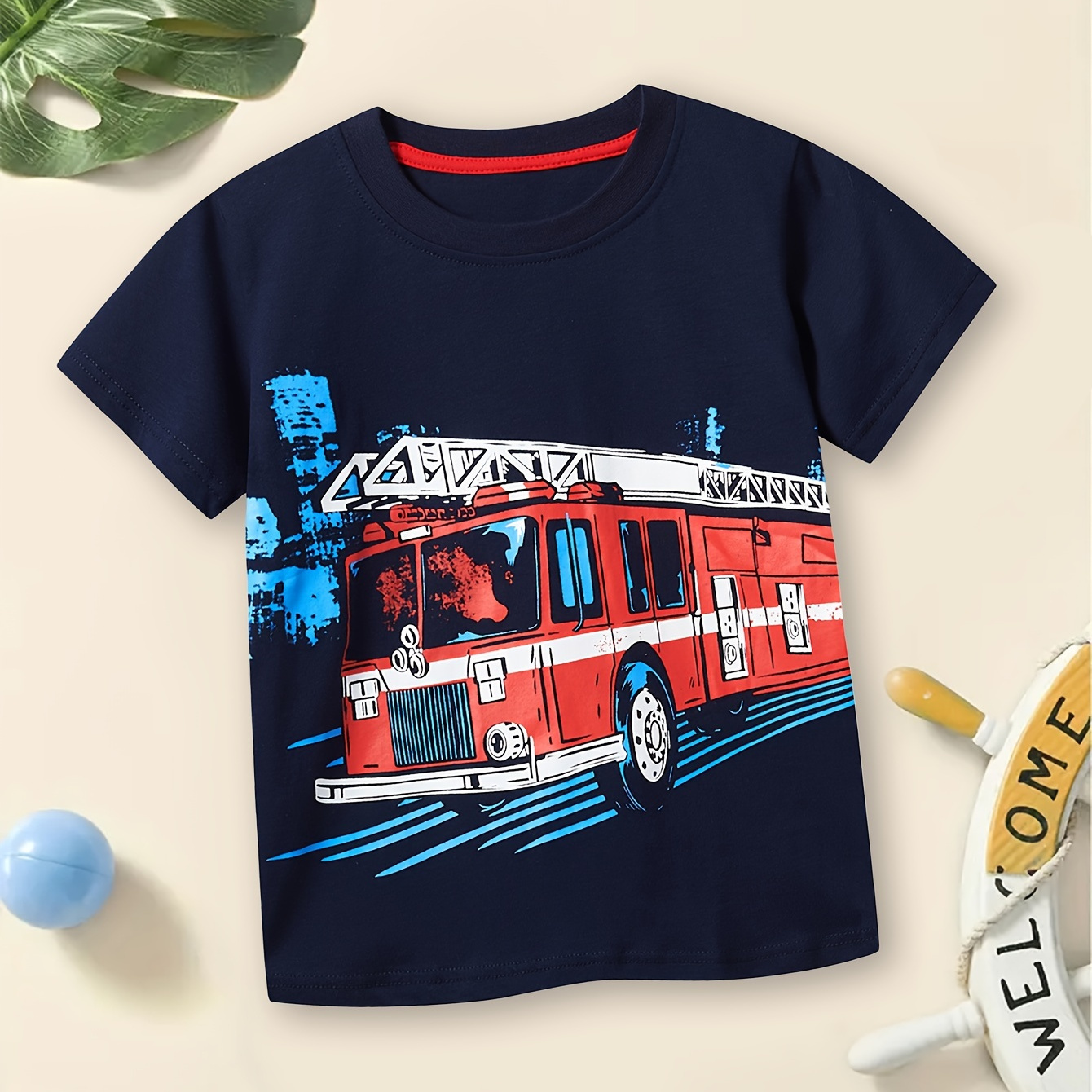 

Fire Truck Graphic Round Neck Cotton T-shirt Tees Tops Casual Soft Comfortable Boys And Girls Summer Clothes