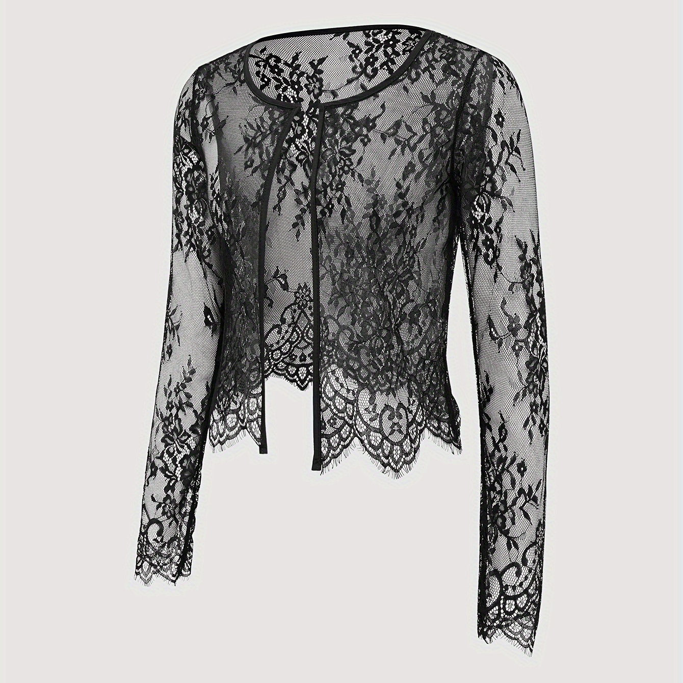 

Floral Lace Open Front Jacket, Elegant Chevron Hem Long Sleeve Sheer Jacket For , Women's Clothing