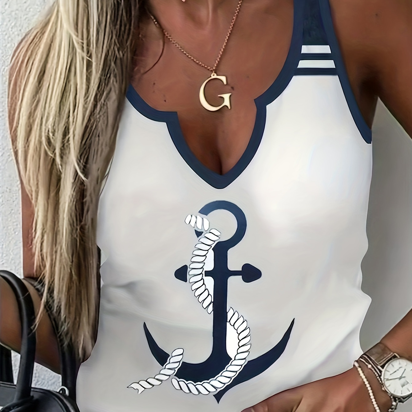 

Anchor Print Tank Top, Casual Notch Neck Summer Sleeveless Top, Women's Clothing