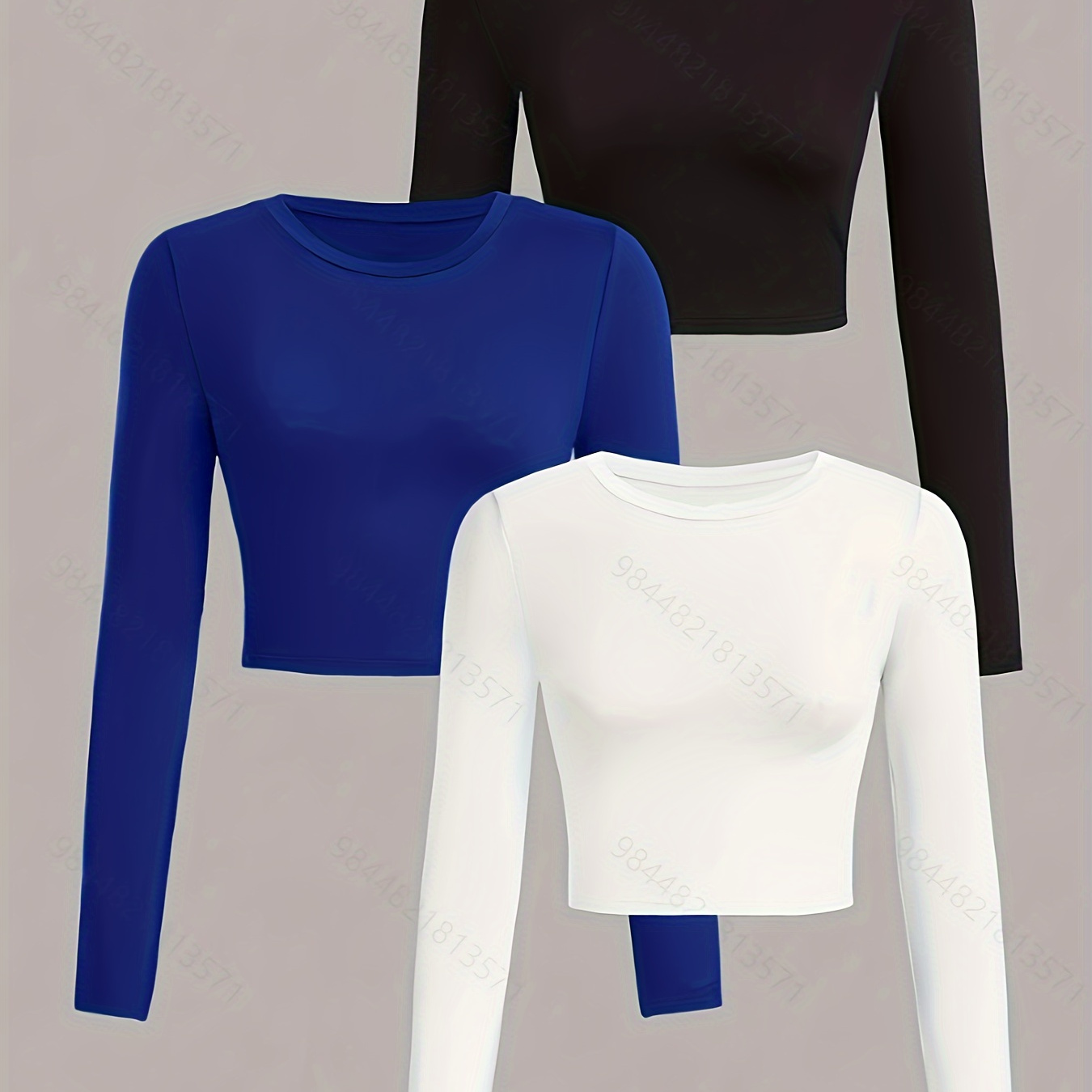 

Elegant Crew Neck Crop Top Set Of 3 - Polyester & Elastane Blend, Solid Color, Knit Fabric, Long Sleeve T-shirts For All Seasons