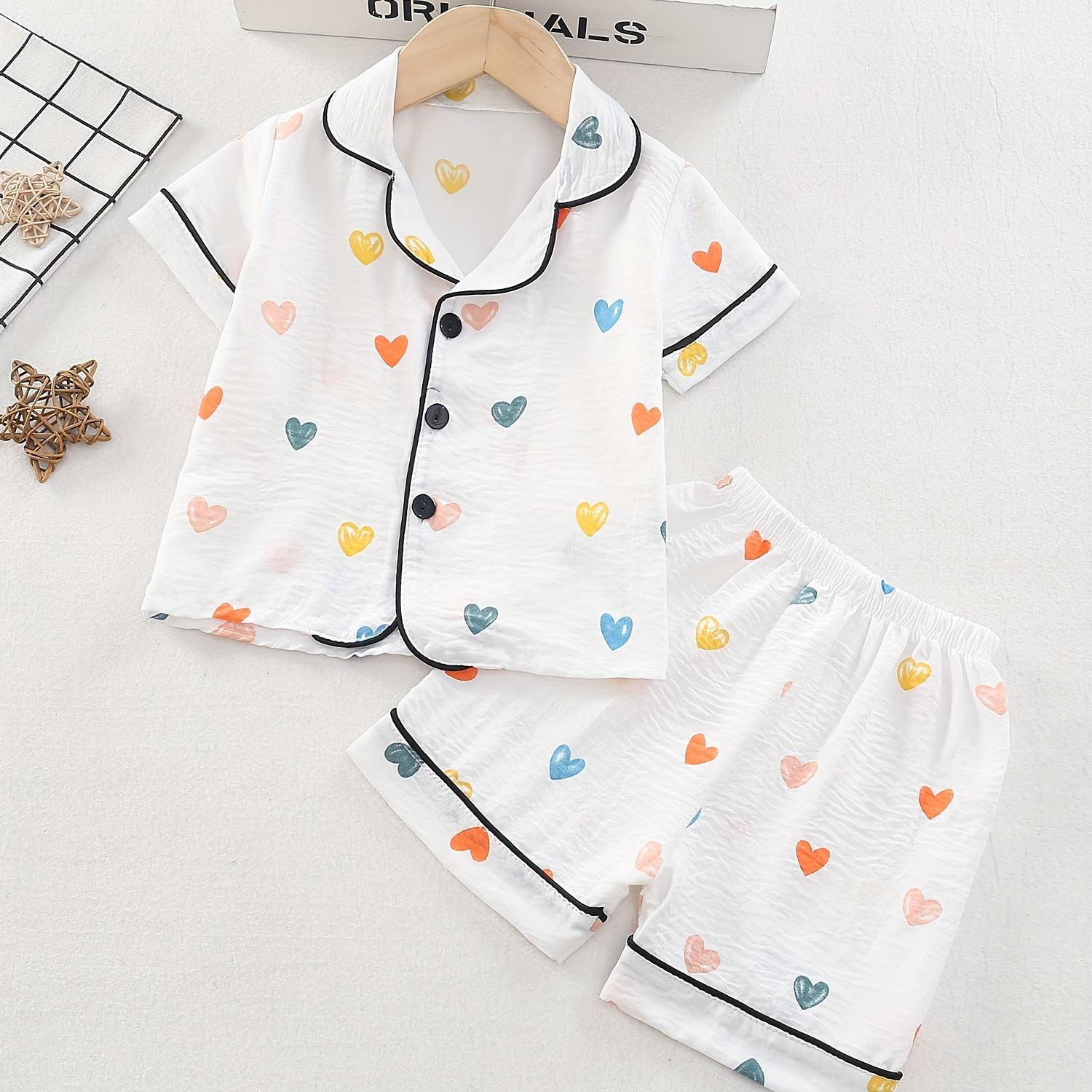 

2 Pcs Girls Colorful Love Lapel Collar Short Sleeve Shirts & Shorts Pajama Set, Comfy& Skin-friendly Princess Pj Set, As Daily Gift
