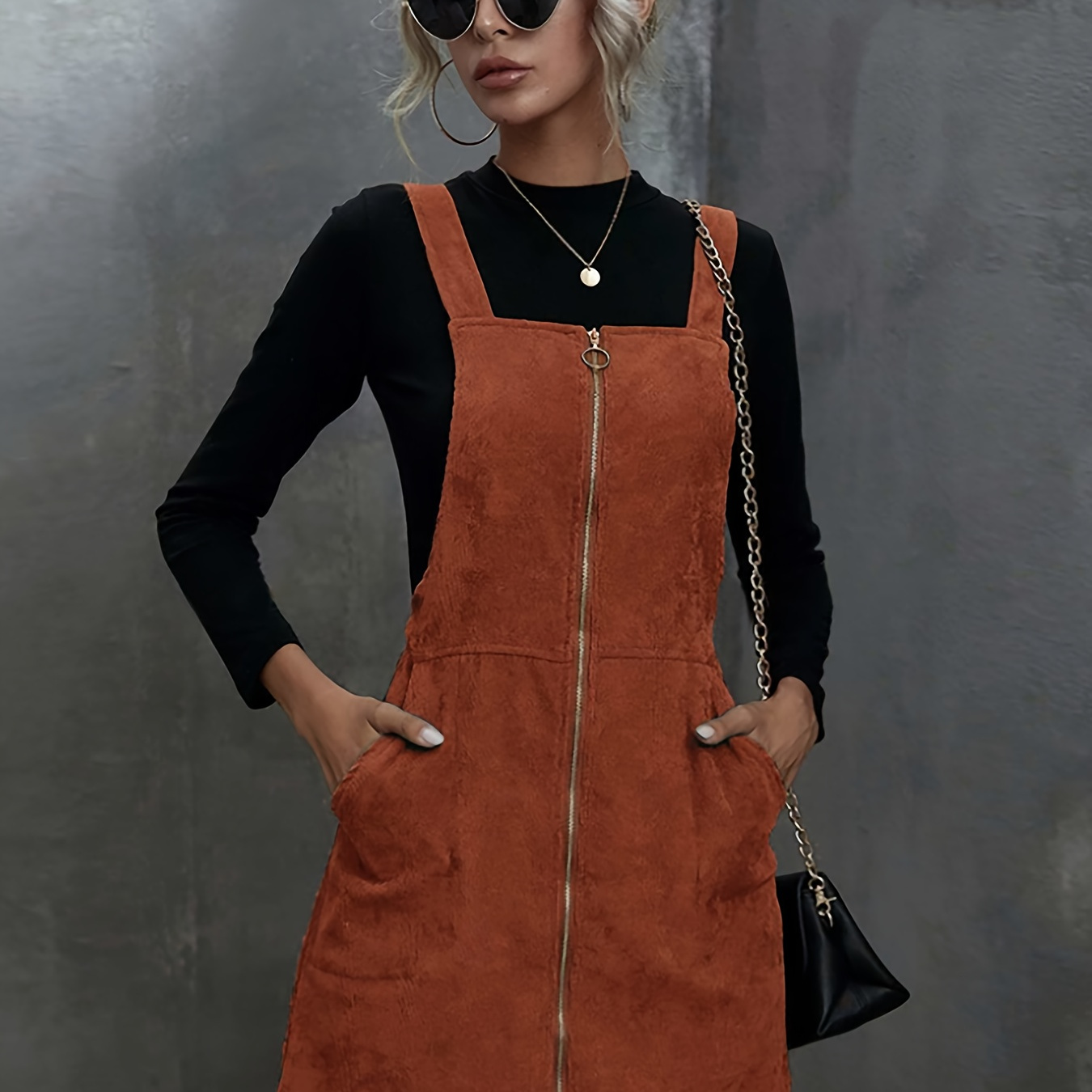 

Y2k Style Suede Denim Overalls Dress With Zipper Detail, Woven Polyester Adult Jumpsuit With Back Straps, Solid Color Wear