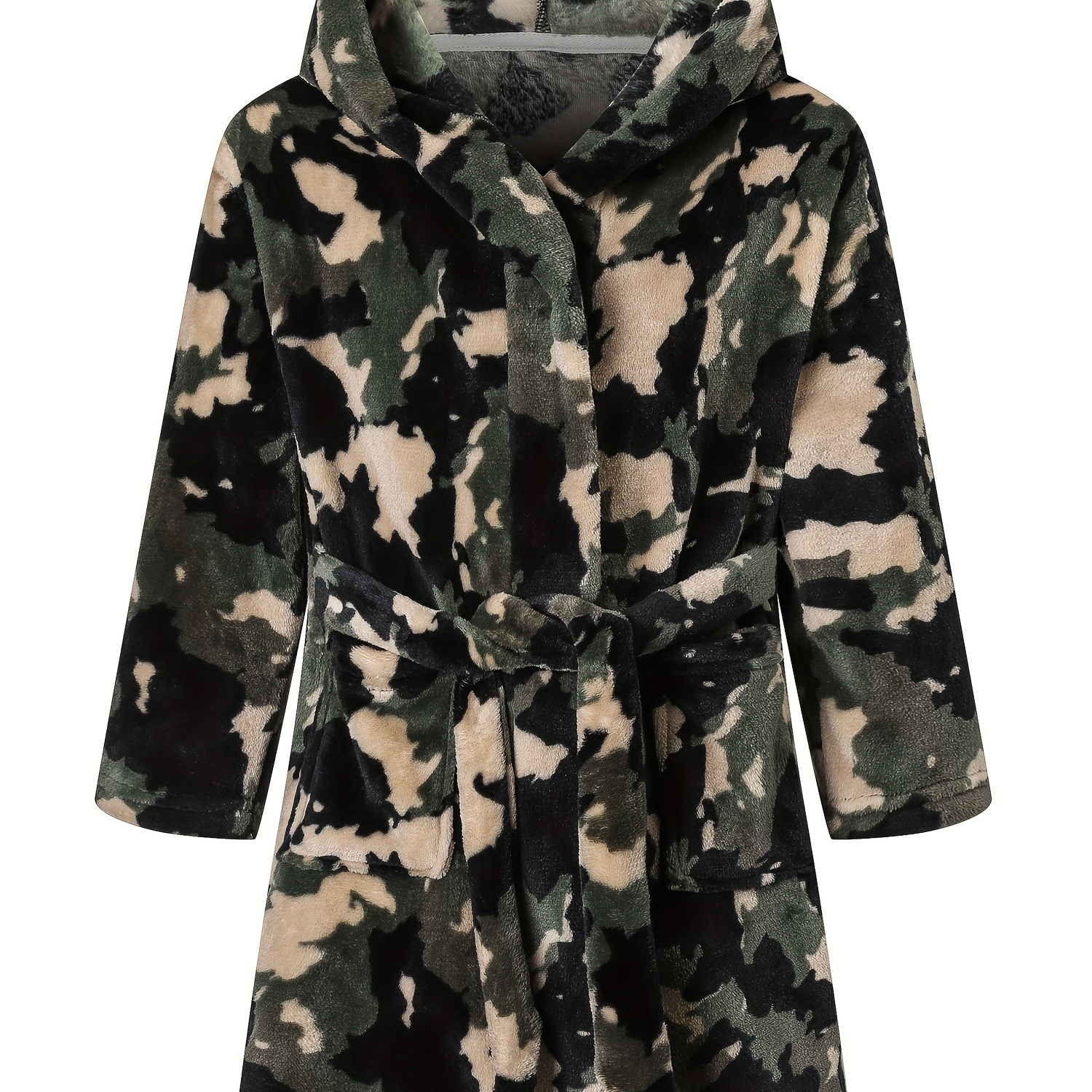 

Boys Hooded Bathrobe, Allover Camouflage Print Children Warm Flannel Nightgown