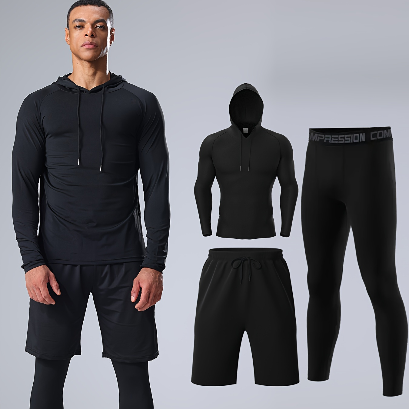 

Men's Suit Set Sports Outdoor Apparel, Hoodie And Leggings With Shorts, Slim Fit, Ideal For Running, Training, Casual Outdoor