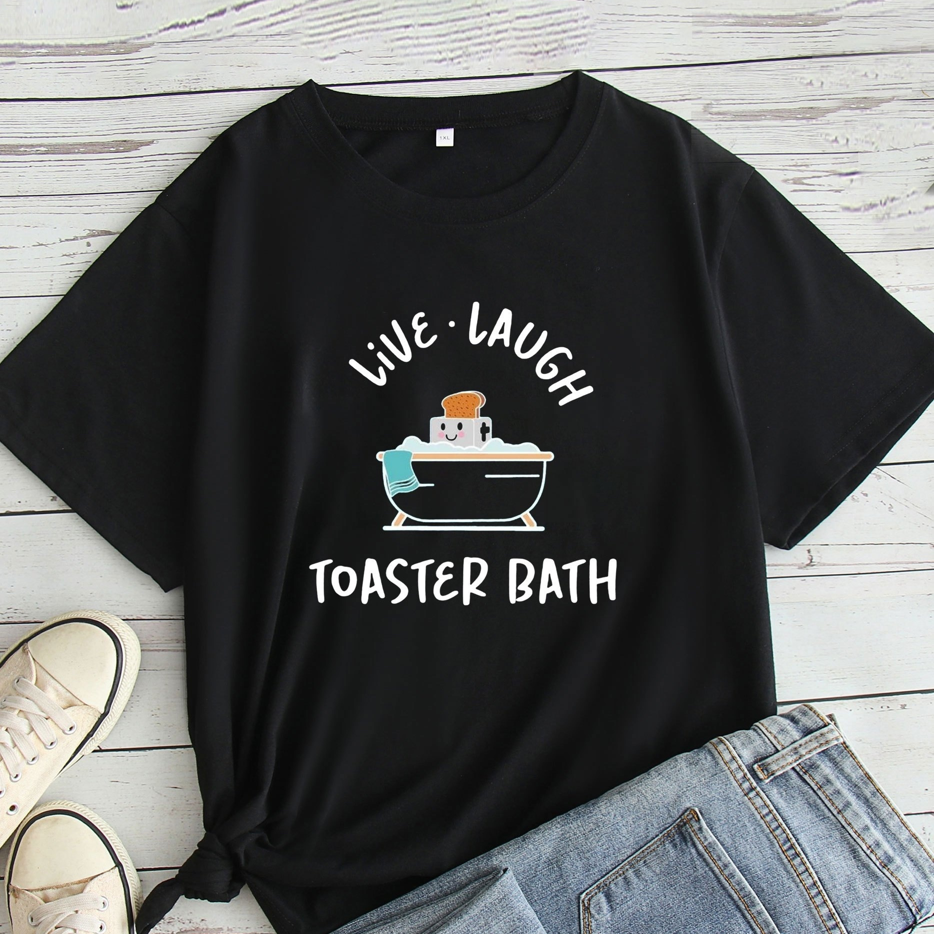 

Plus Size Toaster Bath Neck T-shirt, Casual Short Sleeve T-shirt For , Women's Plus Size Clothing