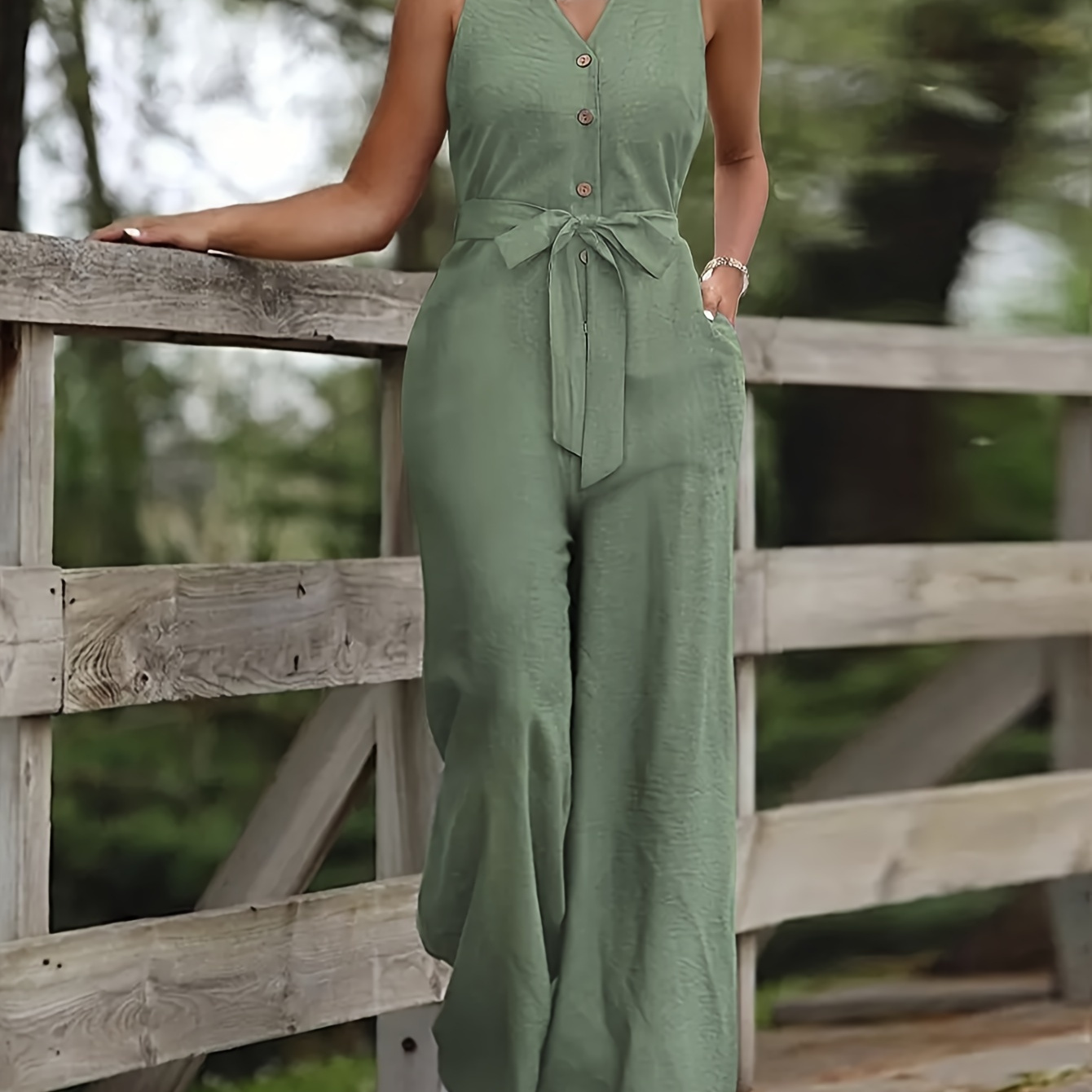 

Button Front Solid Lapel Jumpsuit, Casual Sleeveless Belted Wide Leg Jumpsuit For Spring & Summer, Women's Clothing