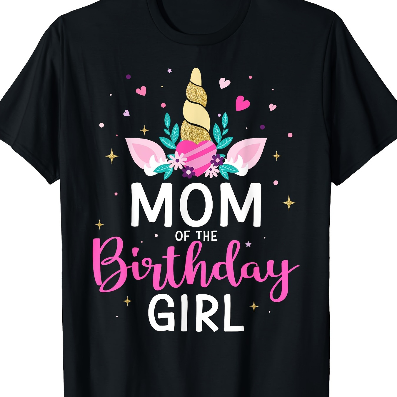 

Mom Of The Birthday Girl" Unicorn - 100% Cotton, 220g, Casual Crew Neck With Glittery Accents & Ice Cream Design, Short Sleeve, Machine Washable - Family Celebrations, Unicorn Birthday Party Supplies