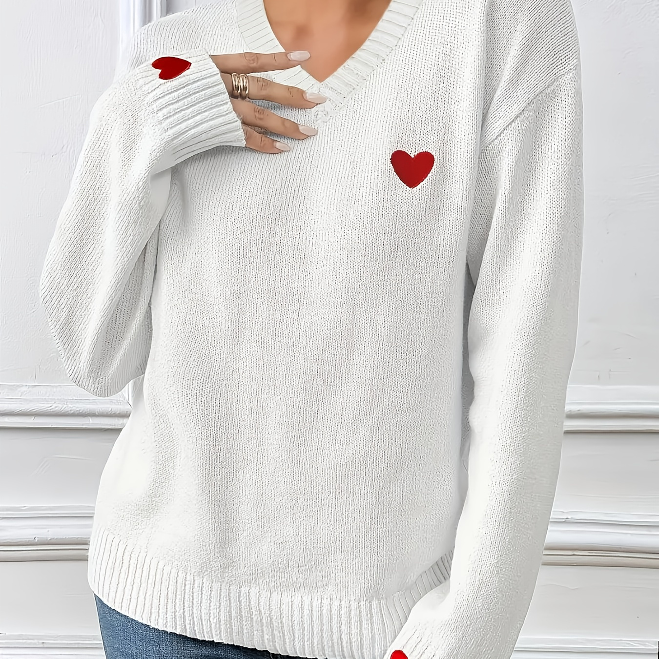 

Plus Size Elegant White V-neck Sweater For Women With Red Heart Accents, Long Sleeves - Cozy Knit Pullover For Fall/winter, Hand Wash Recommended, Plus Size Sweaters