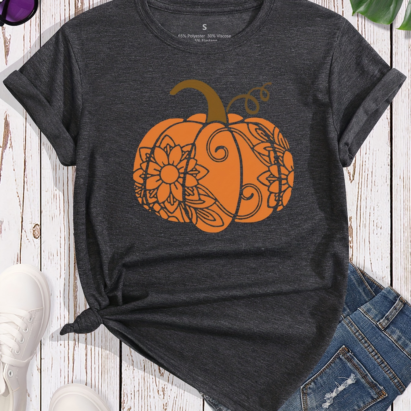

Pumpkin Print T-shirt, Short Sleeve Crew Neck Casual Top For Summer & Spring, Women's Clothing