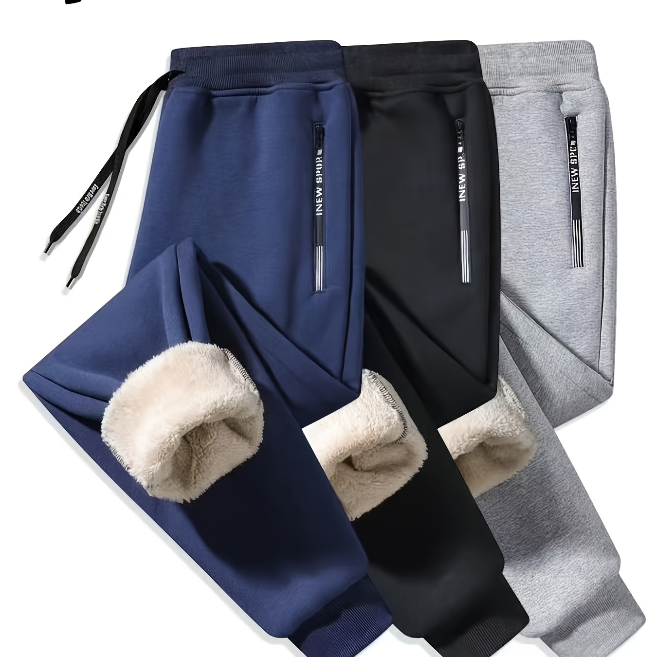 

3-pack Winter Fleece-lined Pants, 95% Polyester 5% Spandex, Solid Color, Knit Fabric, Slight Stretch, Loose Fit, Drawstring, 500gsm - Cozy Long Trousers For Cold Season,