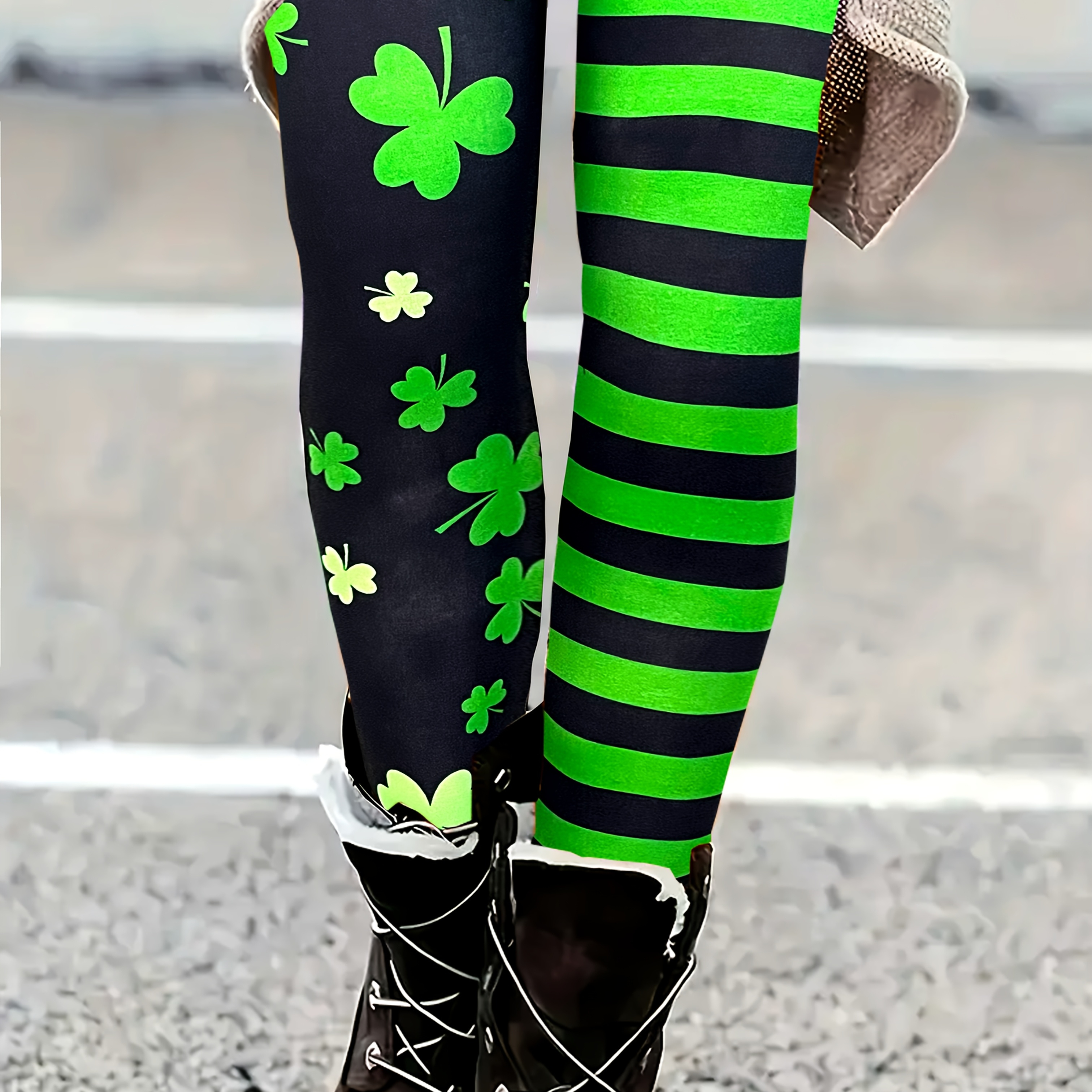 

's Day Clover Striped Printed Jeggings, Casual Women's Knit Fabric Leggings, Polyester 95% Spandex 5% , Spring/summer/fall Season, 200g/m² Weight