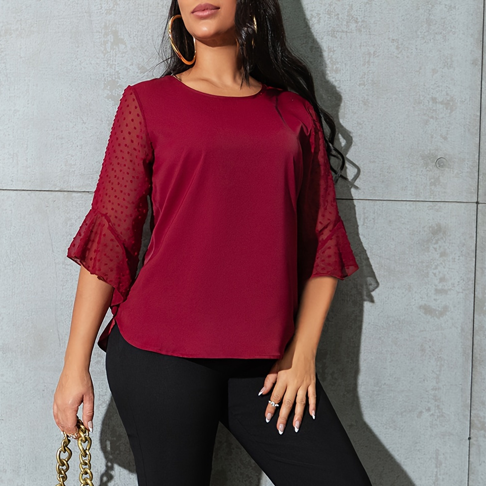 

Elegant Women's Blouse With Mesh Detail And Ruffle Sleeves - Crew Neck, Solid Color, Spring/summer/fall