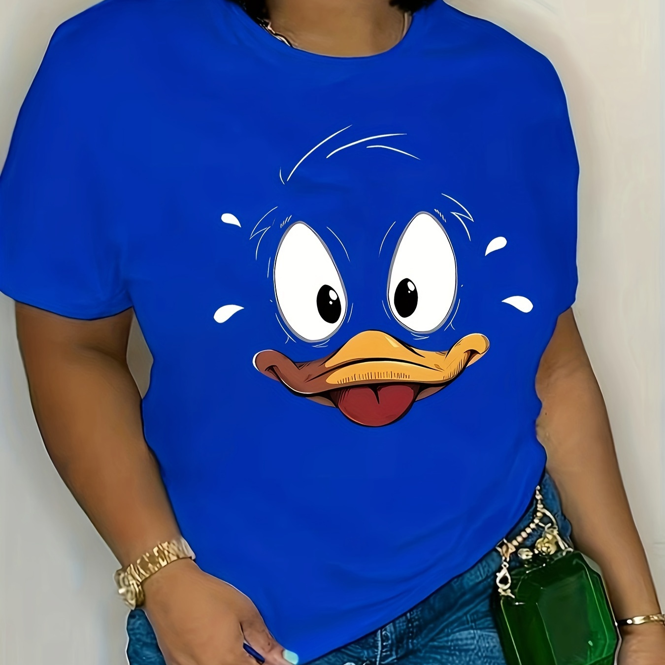 

Cartoon Duck Print Crew Neck T-shirt, Short Sleeve Casual Top For Spring & Summer, Women's Clothing