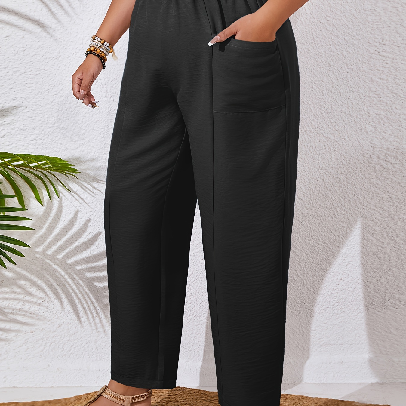 

Plus Size Casual Pants, Women's Plus Solid Elastic High Rise Tapered Leg Trousers With Pockets