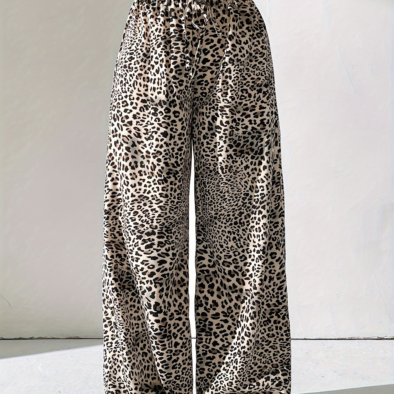

Leopard Print Elastic Waist Pants, Casual Drawstring Wide Leg Pants For Spring & Summer, Women's Clothing