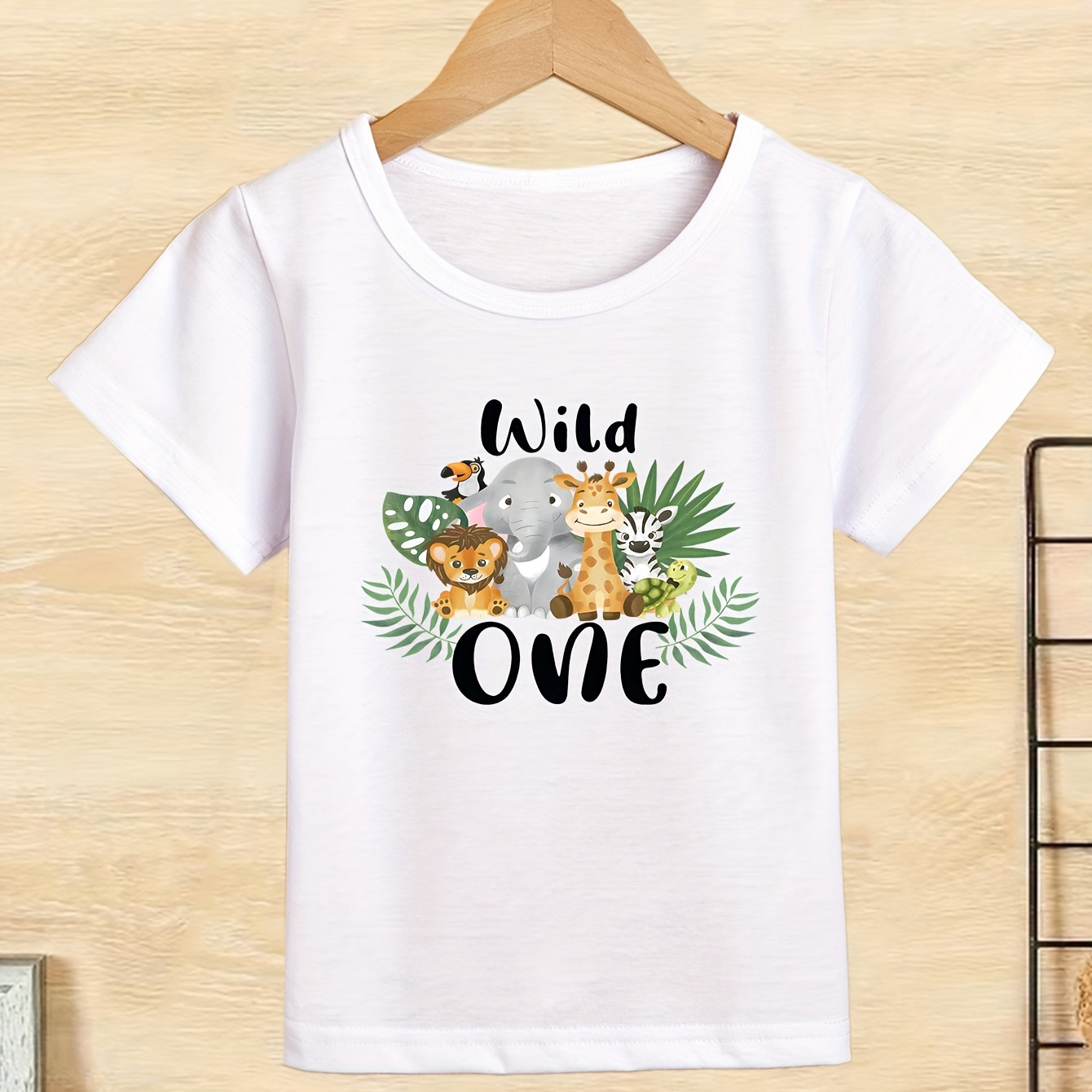 

Wild 1 Birthday Cute Zoo Safari Animals Print Boys Creative T-shirt, Casual Lightweight Comfy Short Sleeve Crew Neck Tee Tops, Kids Clothings For Summer