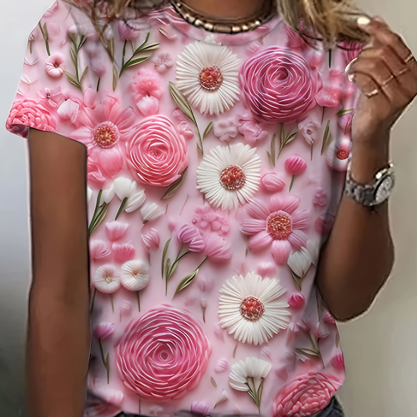 

Floral Print Crew Neck T-shirt, Casual Short Sleeve Top For Spring & Summer, Women's Clothing