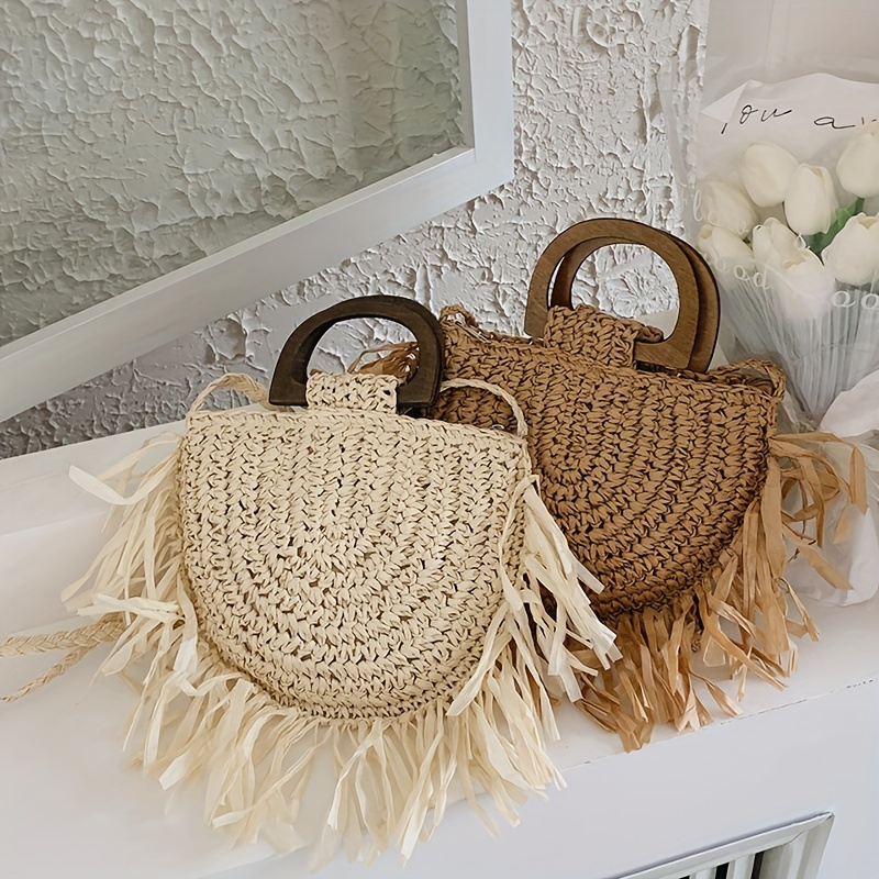 Multitrust Straw Woven Hand Bag for Women Summer, 11 Inch Casual Beige  Bohemia Beach Travel Tote Bag 