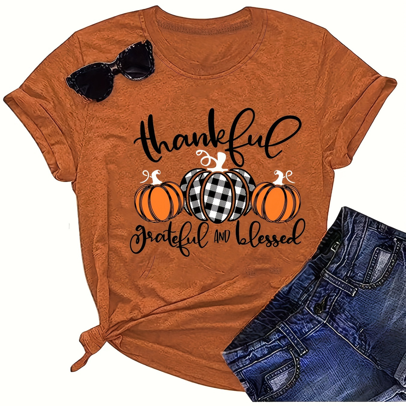 

Pumpkin Print Crew Neck T-shirt, Casual Short Sleeve T-shirt For Spring & Summer, Women's Clothing