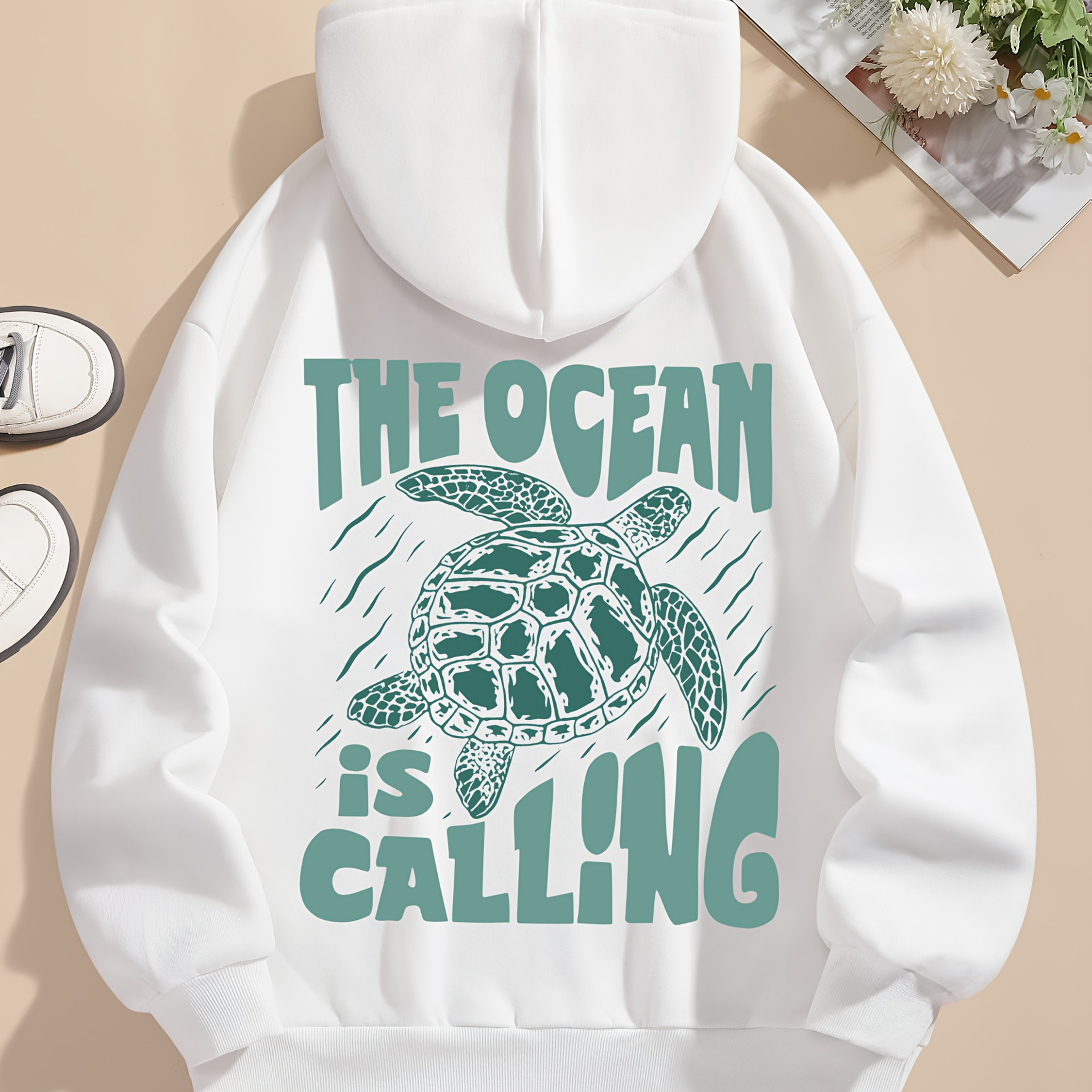 

Turtle Print Hoodie, Drawstring Casual Hooded Sweatshirt For Winter & Fall, Women's Clothing