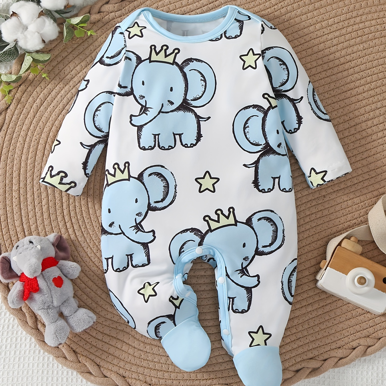 

Newborn Baby's Cartoon Elephant Prince Full Print Long Sleeve Footie, Toddler & Infant Boy's Comfy Footed Romper For Spring Fall