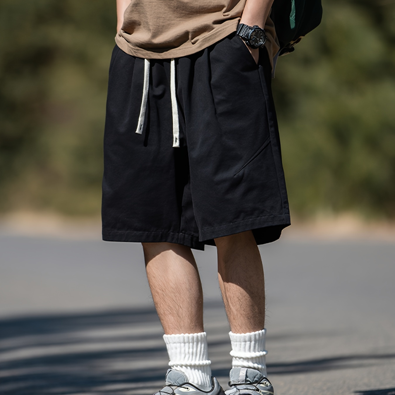 

Men's Loose Solid Shorts With Pockets, Casual Cotton Blend Elastic Waist Drawstring Shorts For Summer