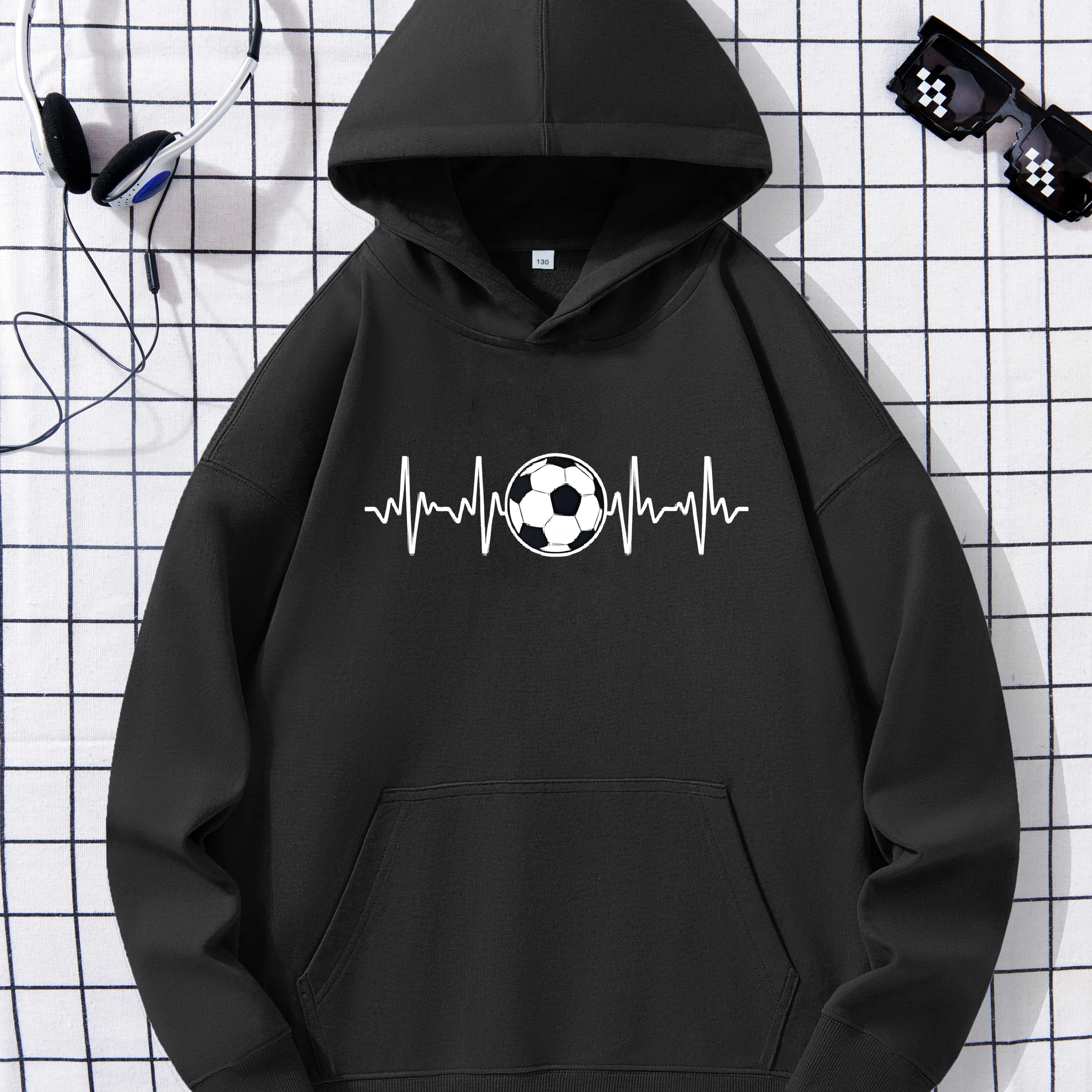

Football And Heartbeat Print Boys Casual Pullover Long Sleeve Hoodies, Boys Hooded Top For Spring Fall Winter, Kids Hoodie Outdoor