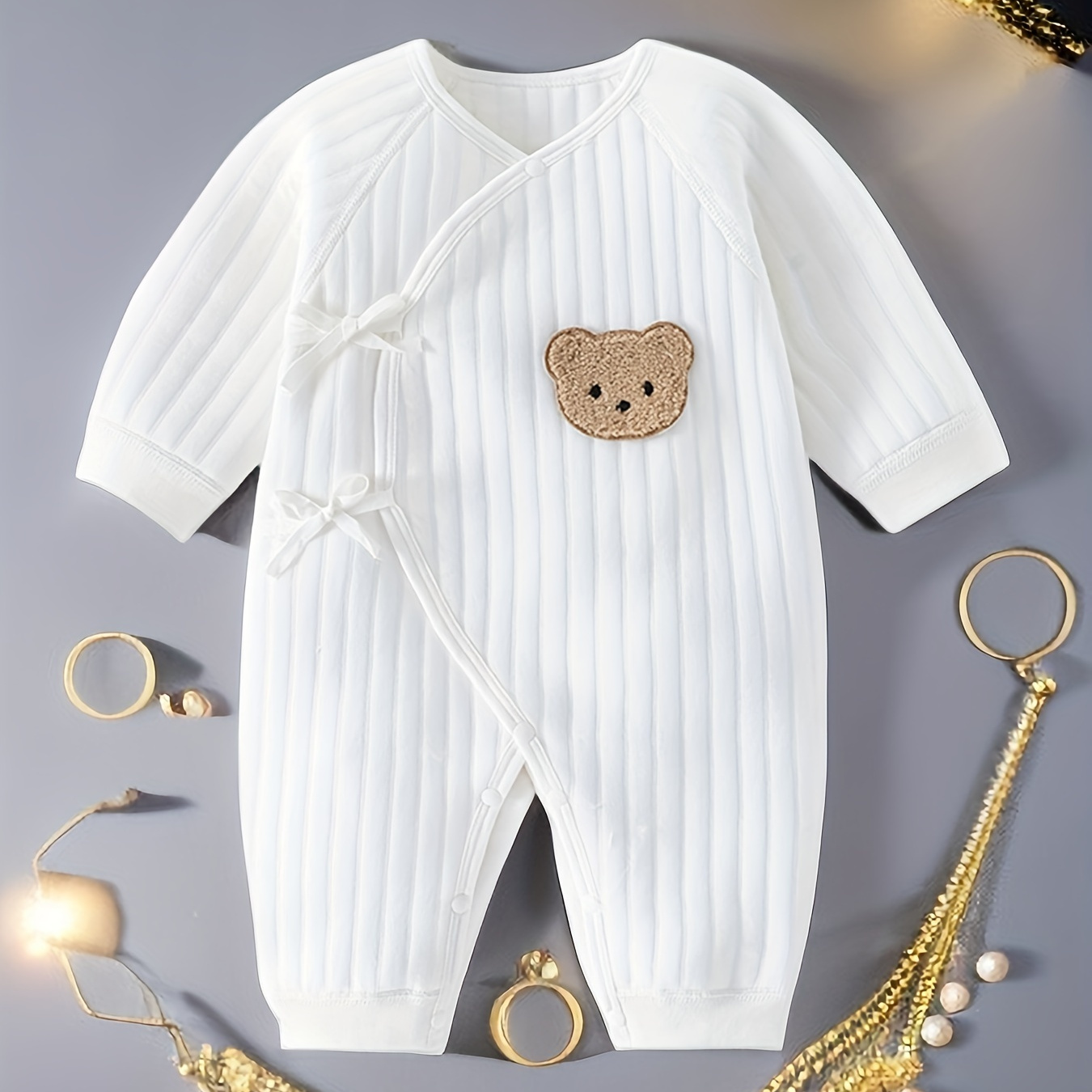 

Newborn Baby's Breathable Comfy Cotton Bodysuit, Cute Bear Patched Casual Long Sleeve Onesie, Toddler & Infant Girl's Clothing