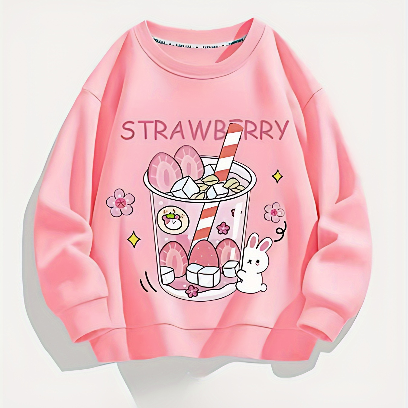 

Girls Blend Pullover, Cartoon Little Girl/ Strawberry Drinks/ Print, Casual Daily Long Sleeve Tops For Fall And Spring