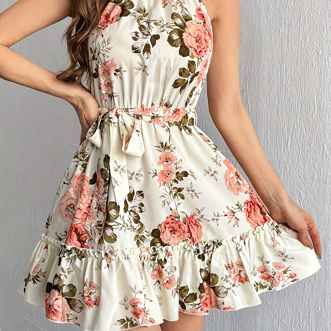 

Floral Print Ruffle Hem Dress, Elegant Belted Sleeveless Halter Dress For Spring & Summer, Women's Clothing