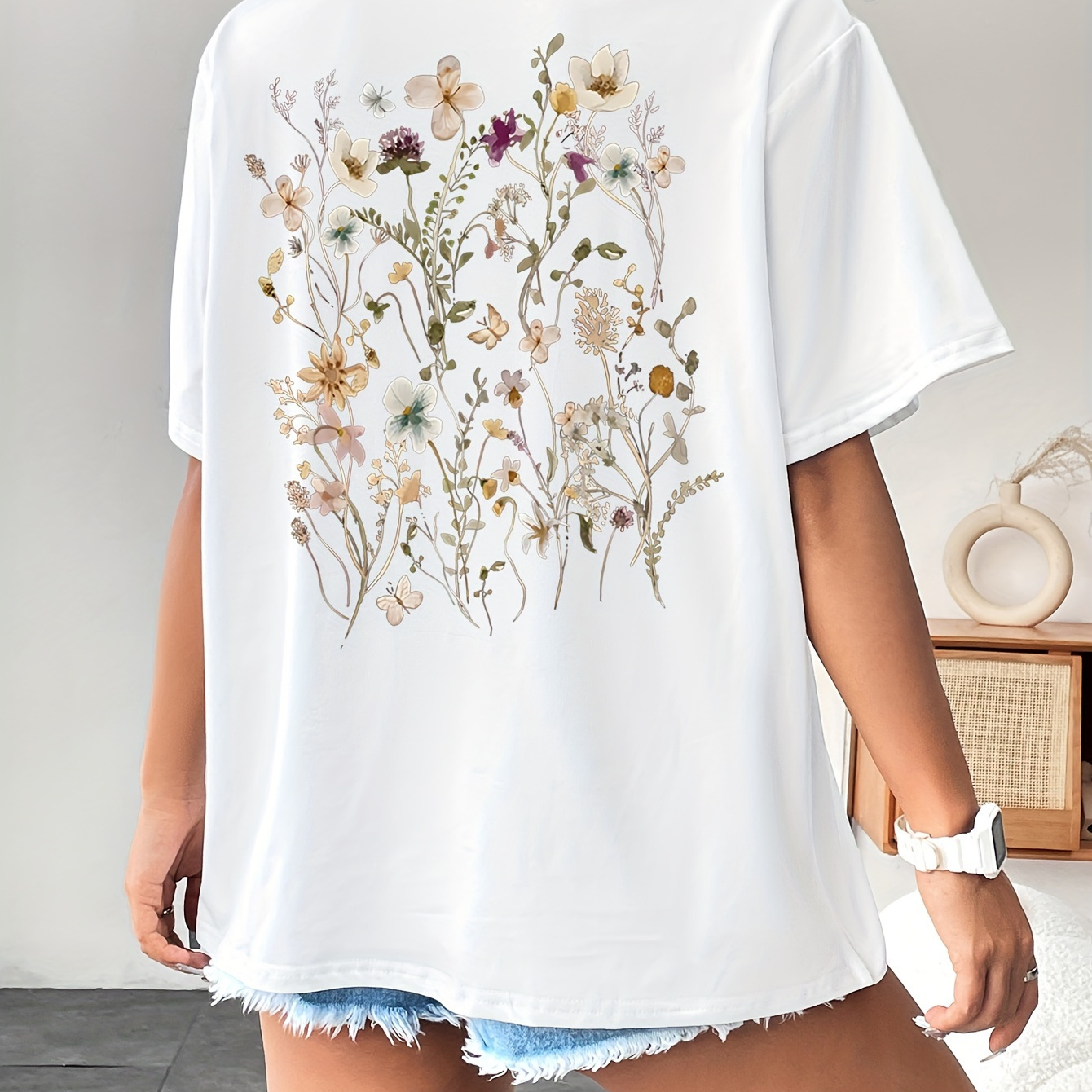 

Plants Print Drop Shoulder T-shirt, Short Sleeve Crew Neck Casual Top For Spring & Summer, Women's Clothing