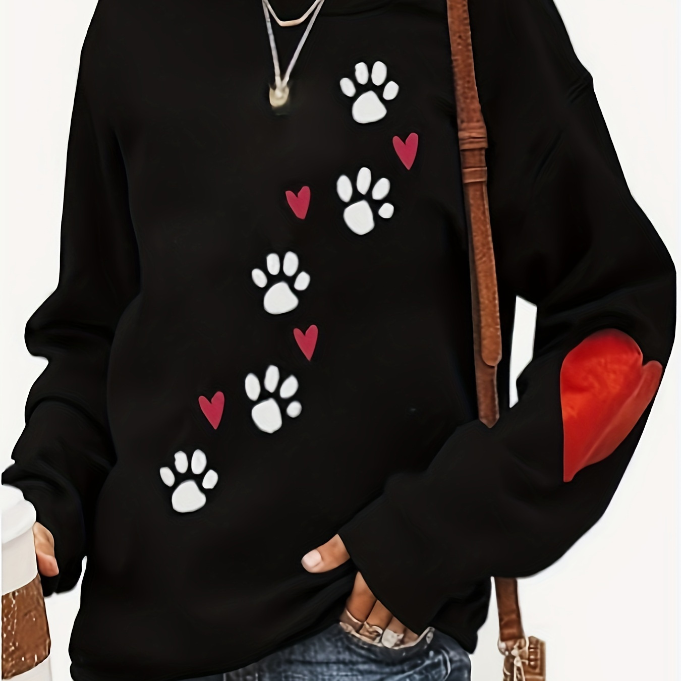 

Paw & Love Print Pullover Sweatshirt, Casual Long Sleeve Crew Neck Sweatshirt, Women's Clothing