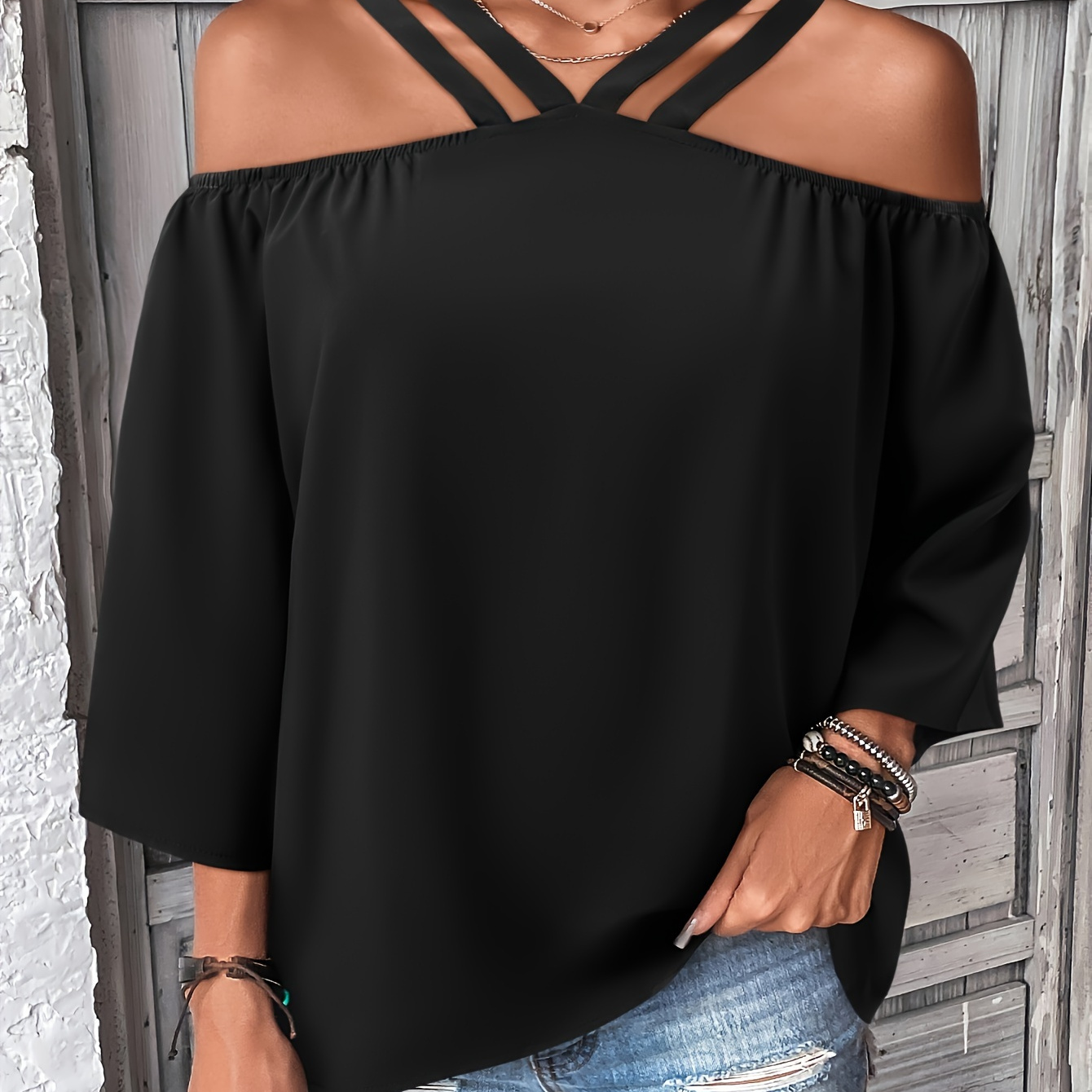 

Solid Color Cold Shoulder Blouse, Casual 3/4 Sleeve Loose Blouse For Spring & Summer, Women's Clothing