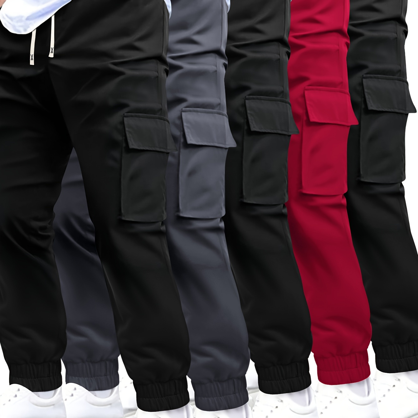 

5-pack Men' Color Cargo Pants, Casual Sports Joggers With Multiple Pockets, Polyester Knit Fabric, Slight Stretch, Mid-waist Drawstring Closure, Regular Fit For Spring/fall