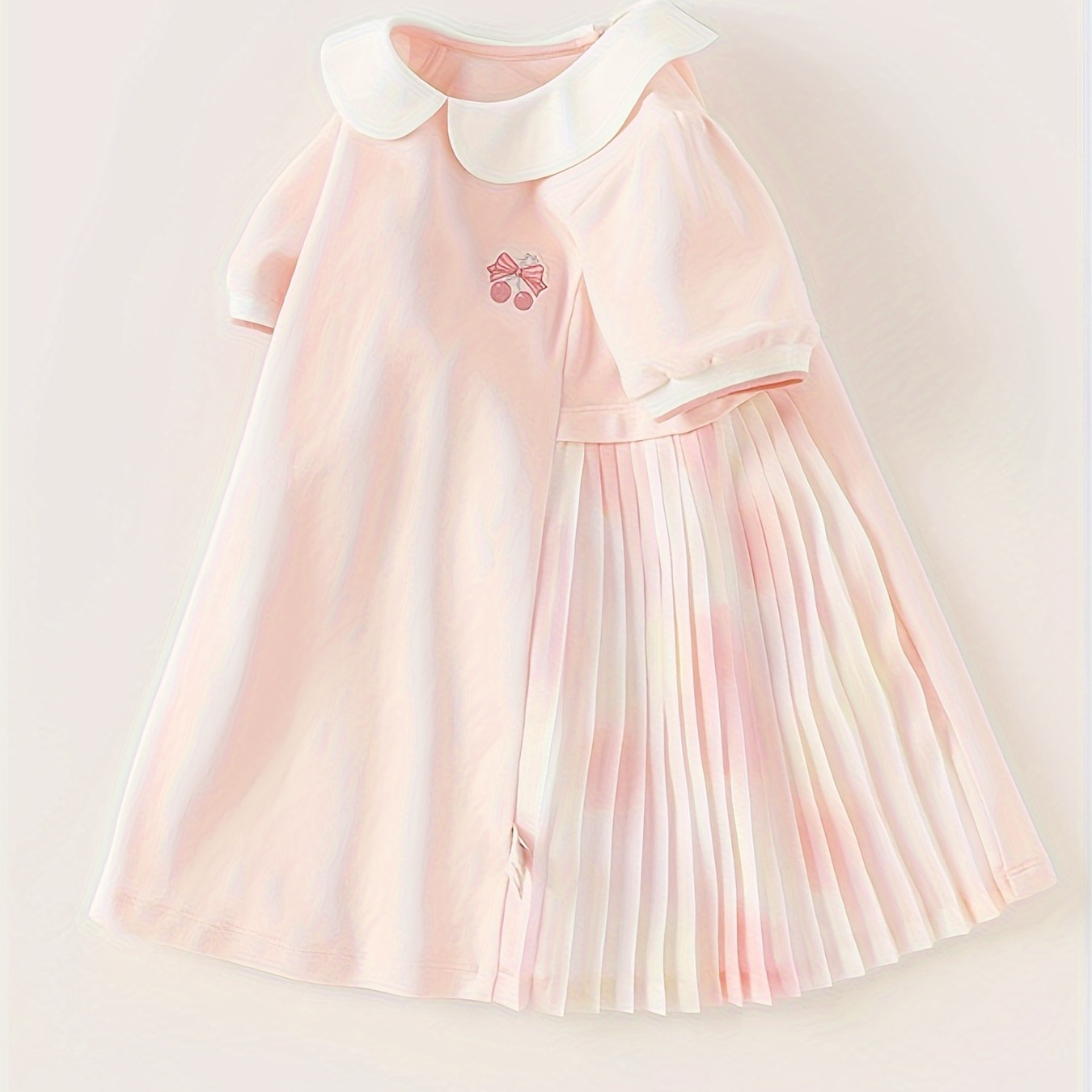 

Dave&bella Girls Breathable & Cute & Stylish Puff Sleeve Doll Collar Pleated Side Cherry Stitched Cotton Dress For Spring & Summer